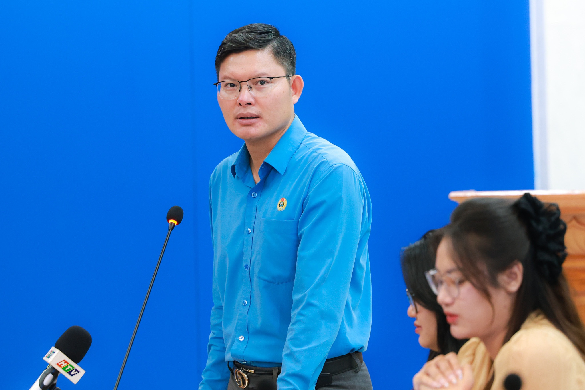 Đồng chí Nguyễn Mạnh Kiên - Phó Trưởng ban Quan hệ lao động Tổng Liên đoàn lao động Việt Nam chia sẻ thông tin về Đại hội XIV Công đoàn Việt Nam tới báo chí_Ảnh: PV